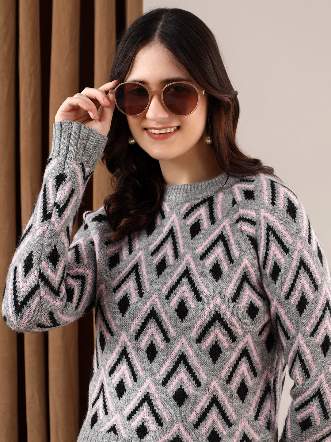 KOTTY Printed Round Neck Casual Women Multicolor Sweater 