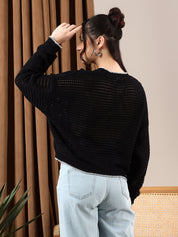KOTTY Solid Round Neck Casual Women Black Sweater 