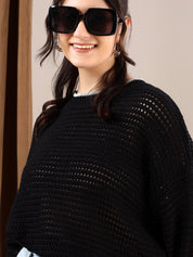 KOTTY Solid Round Neck Casual Women Black Sweater 