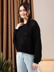 KOTTY Solid Round Neck Casual Women Black Sweater 