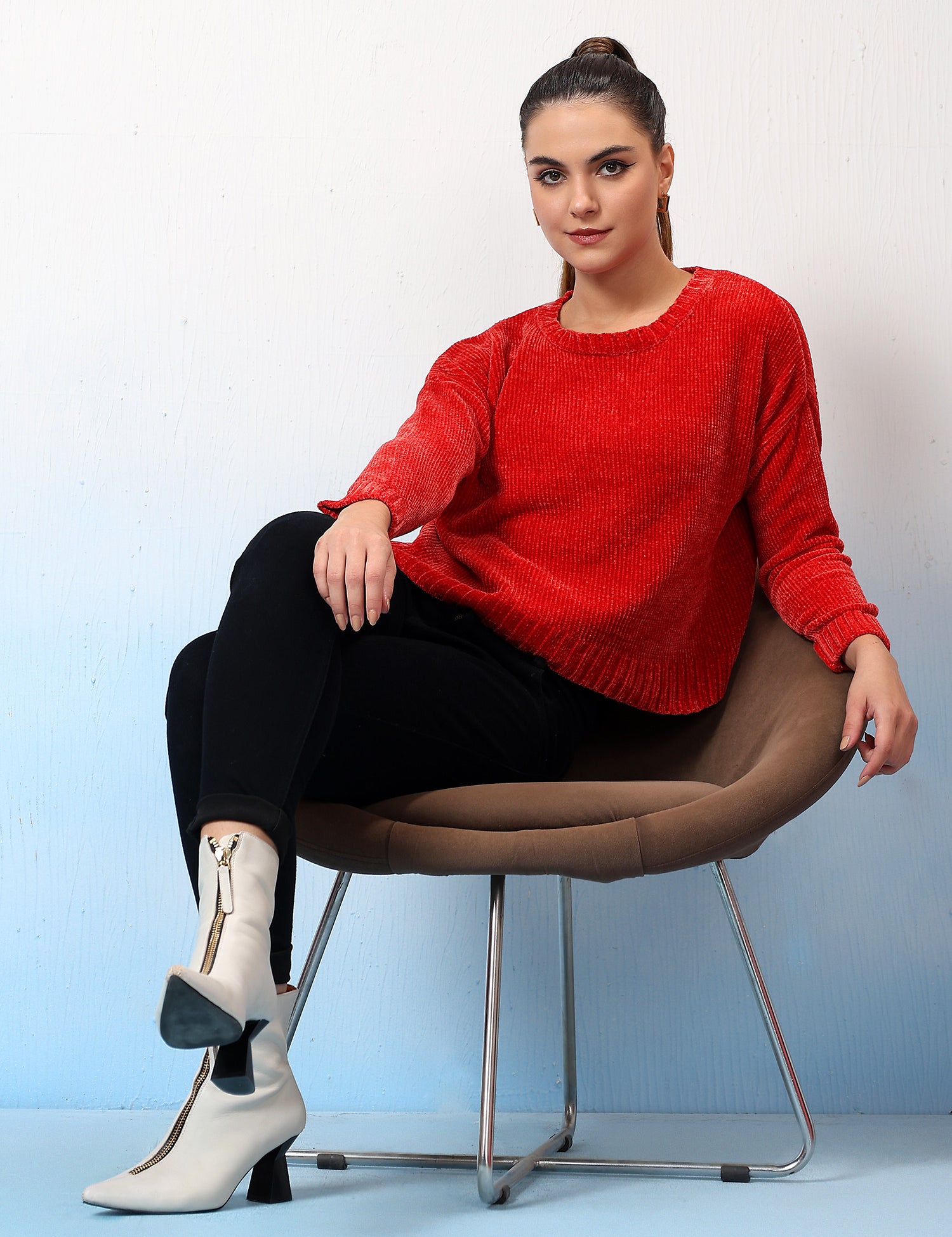 KOTTY Self Design High Neck Casual Women Red Sweater 