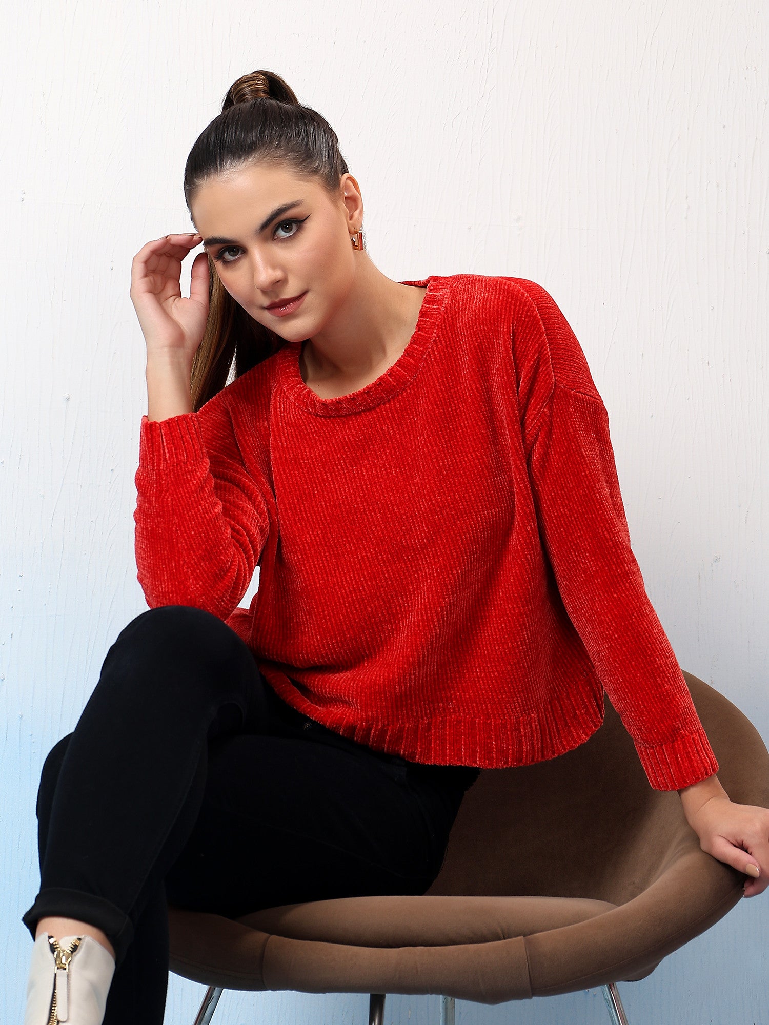 KOTTY Self Design High Neck Casual Women Red Sweater 