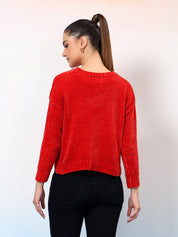 KOTTY Self Design High Neck Casual Women Red Sweater 