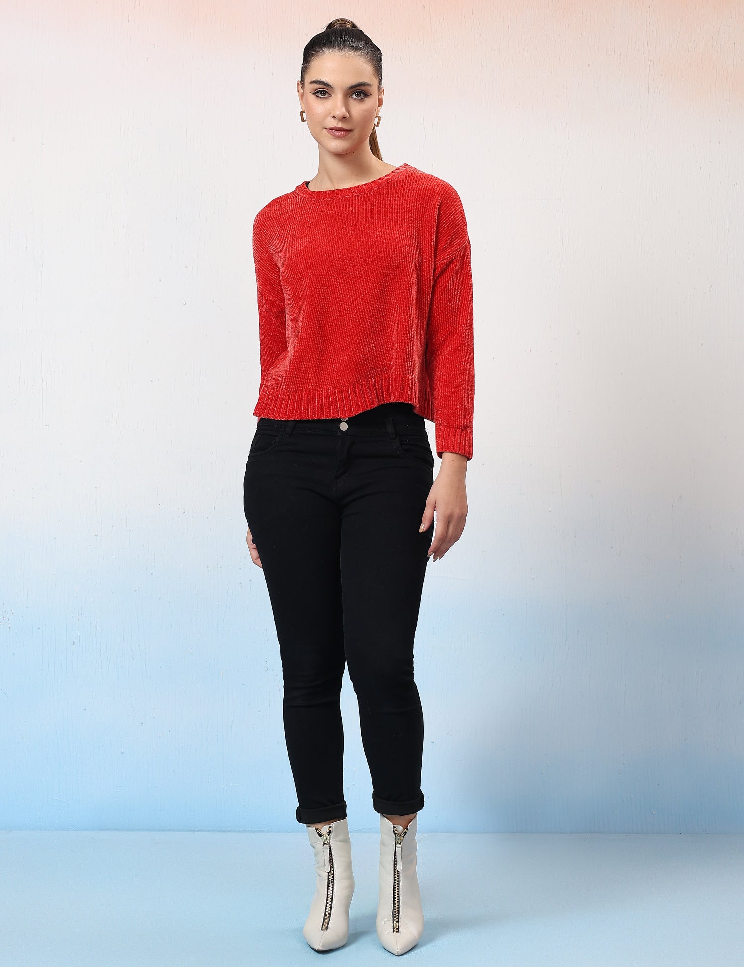 KOTTY Self Design High Neck Casual Women Red Sweater 