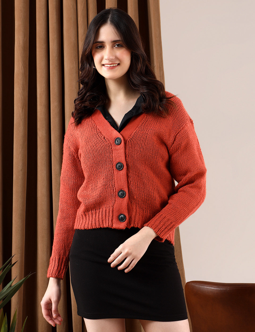 KOTTY Solid V Neck Casual Women Brown Sweater 