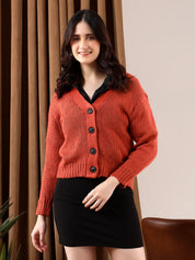 KOTTY Solid V Neck Casual Women Brown Sweater 