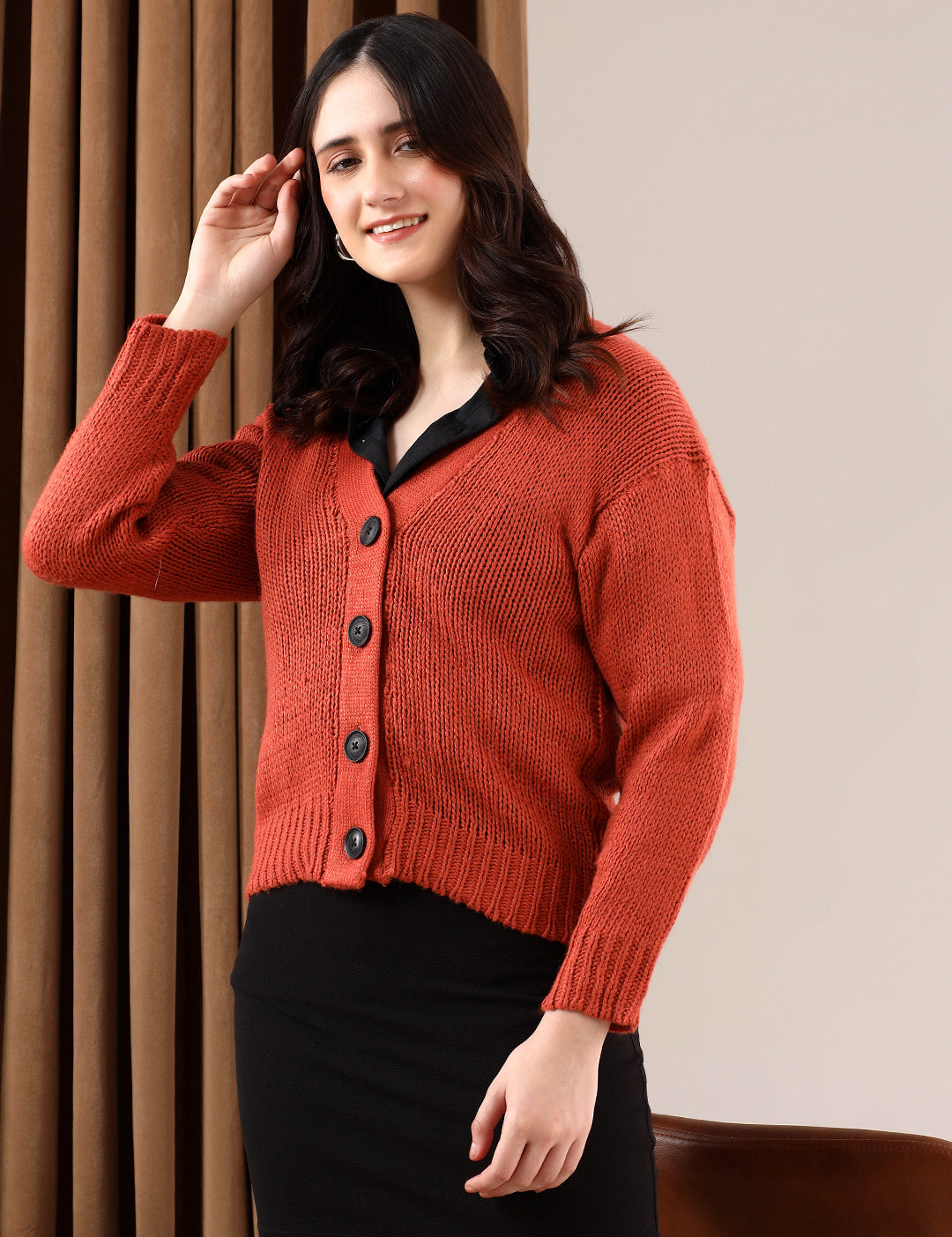 KOTTY Solid V Neck Casual Women Brown Sweater 