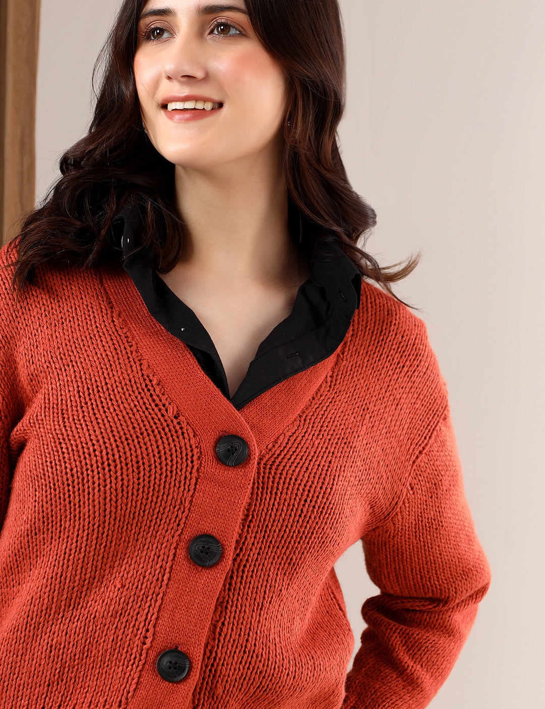 KOTTY Solid V Neck Casual Women Brown Sweater 