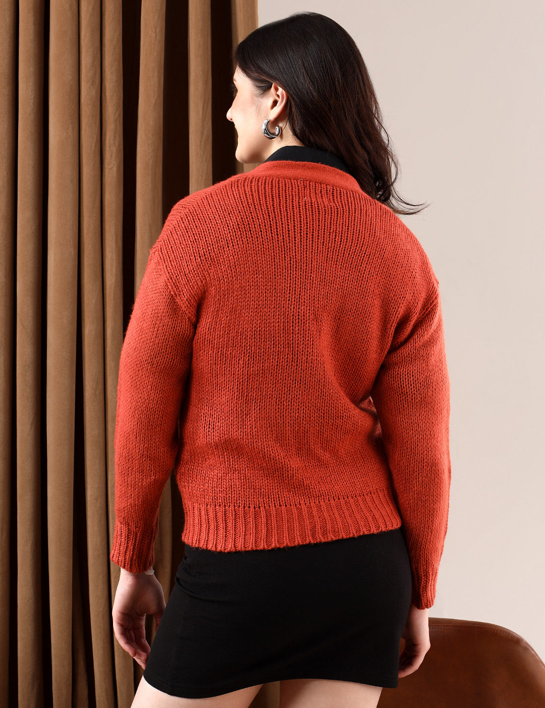KOTTY Solid V Neck Casual Women Brown Sweater 