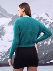 KOTTY Solid V Neck Casual Women Blue Sweater 