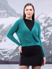 KOTTY Solid V Neck Casual Women Blue Sweater 