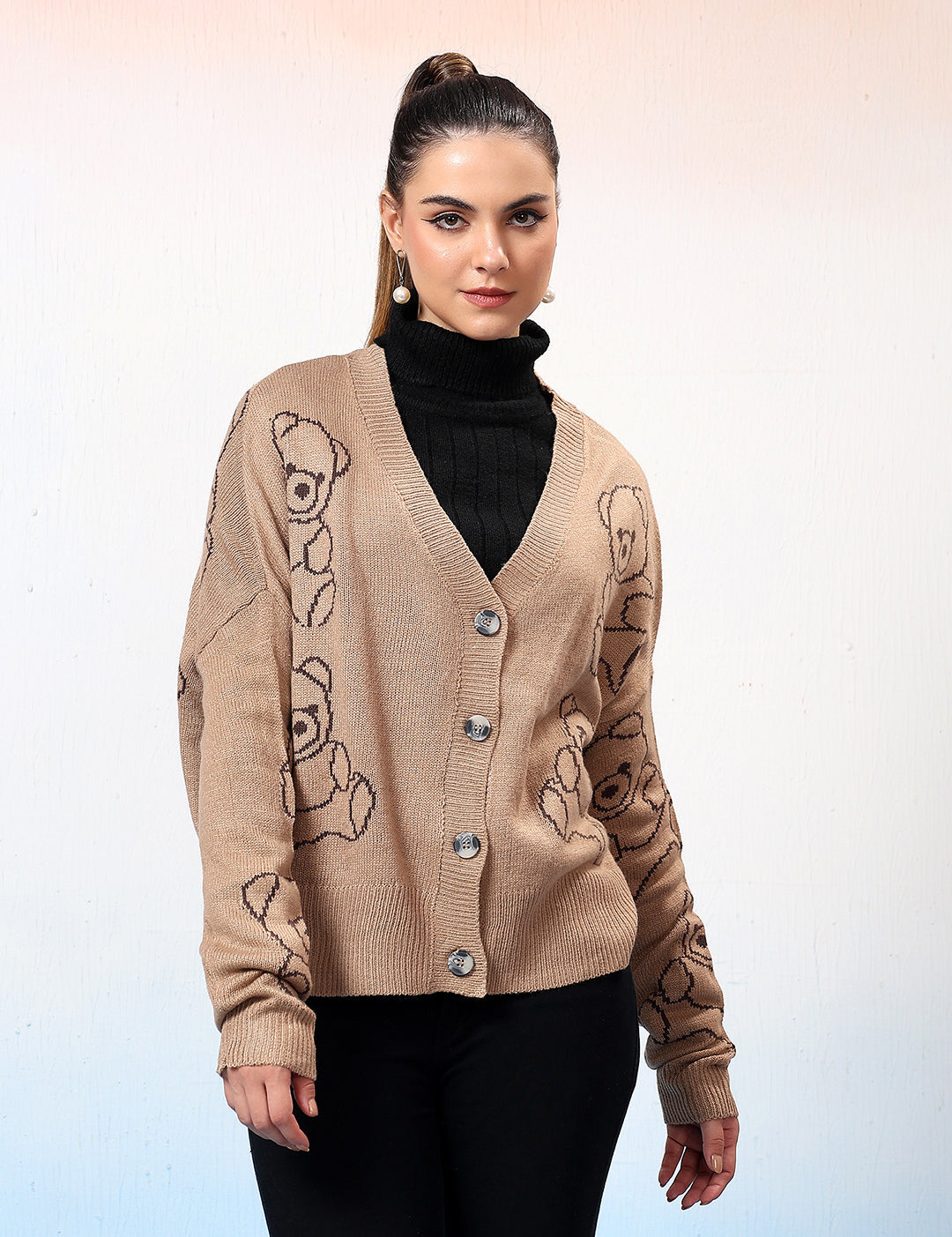 KOTTY Printed V Neck Casual Women Beige Sweater 