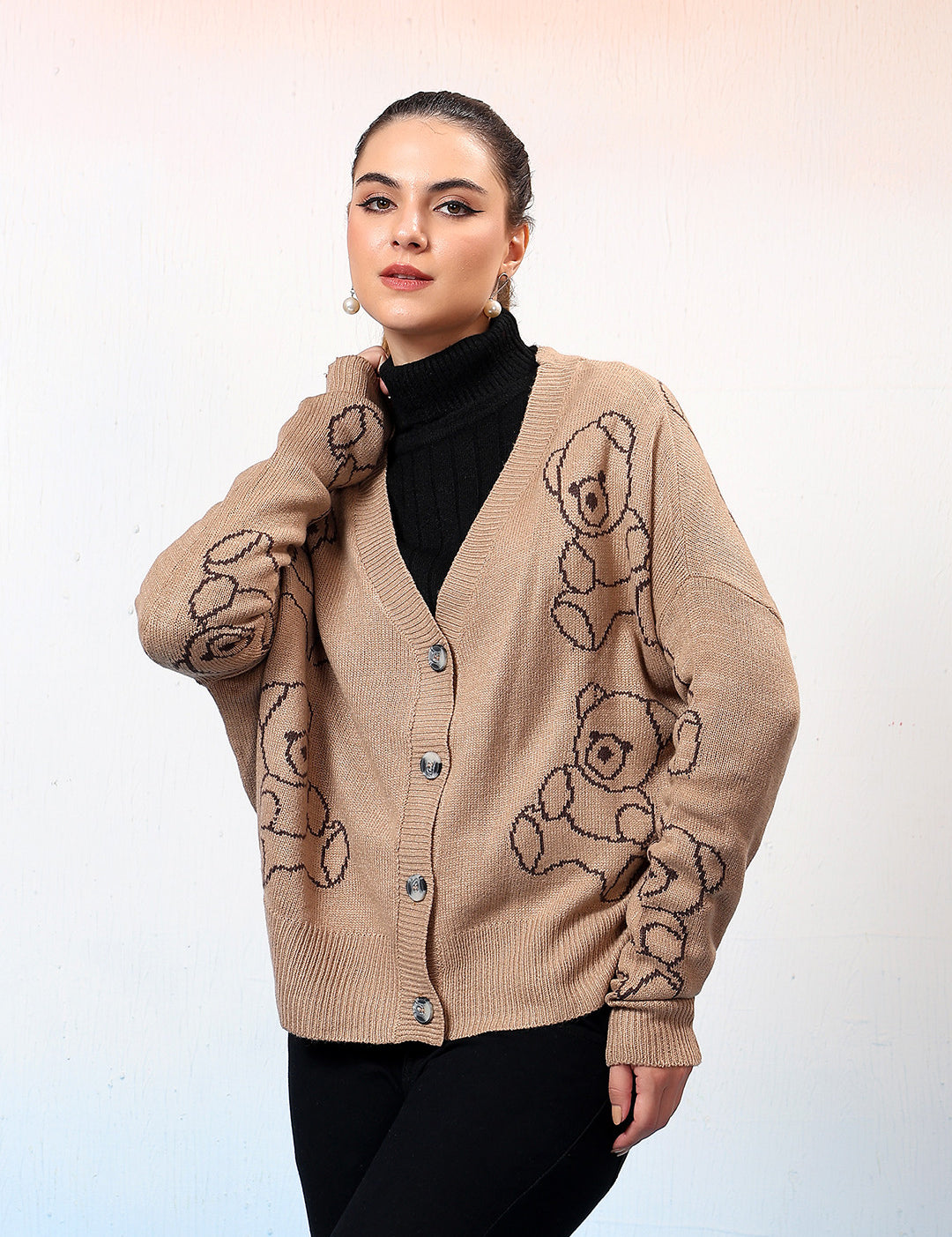 KOTTY Printed V Neck Casual Women Beige Sweater 