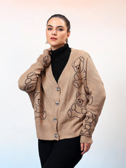 KOTTY Printed V Neck Casual Women Beige Sweater 