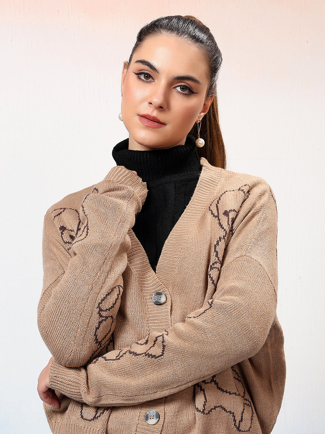 KOTTY Printed V Neck Casual Women Beige Sweater 