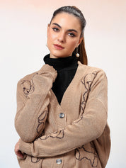 KOTTY Printed V Neck Casual Women Beige Sweater 