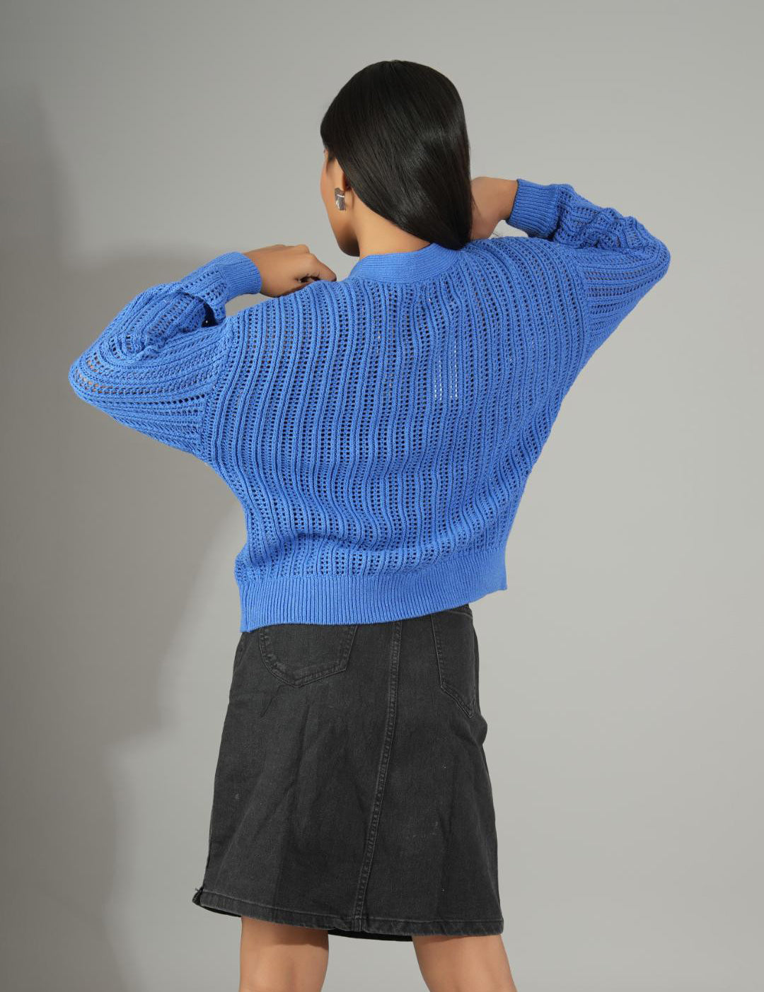 KOTTY Solid V Neck Casual Women Blue Sweater 