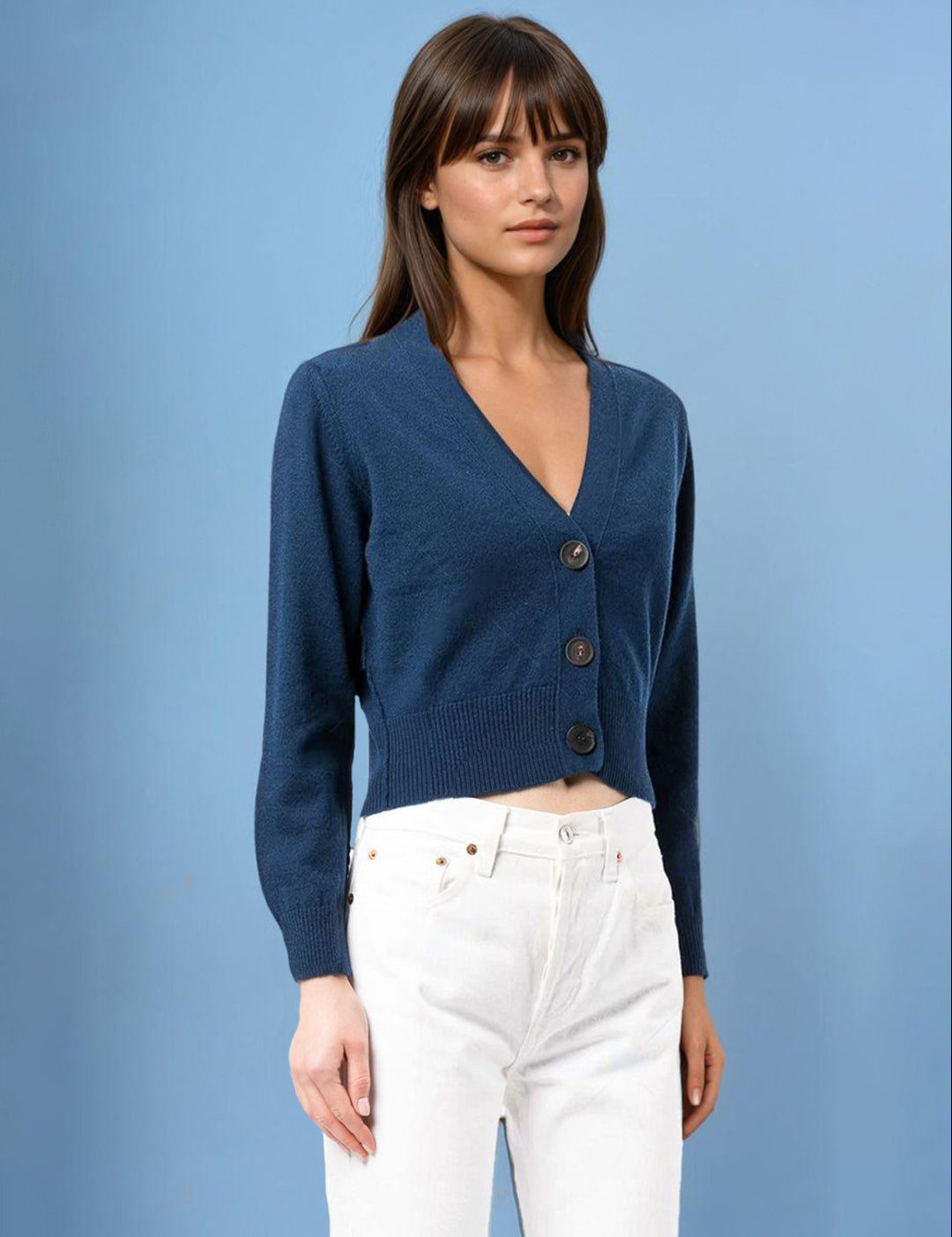 KOTTY Solid V Neck Casual Women Blue Sweater 