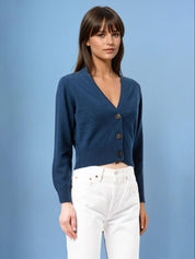 KOTTY Solid V Neck Casual Women Blue Sweater 