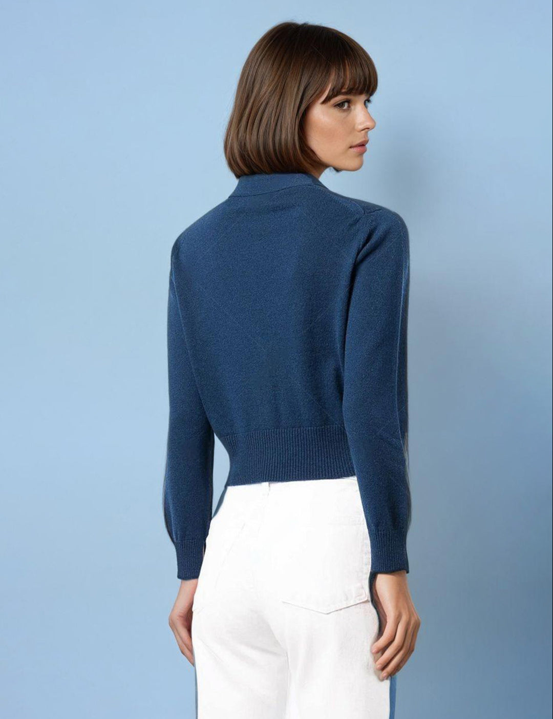 KOTTY Solid V Neck Casual Women Blue Sweater 