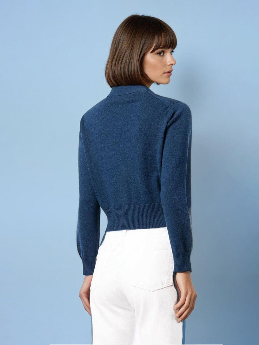 KOTTY Solid V Neck Casual Women Blue Sweater 
