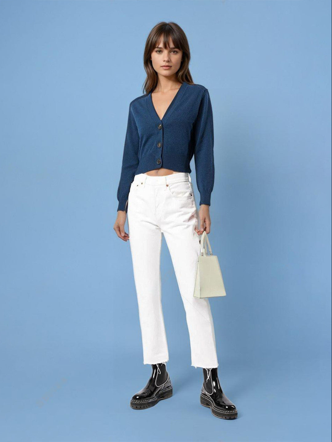 KOTTY Solid V Neck Casual Women Blue Sweater 