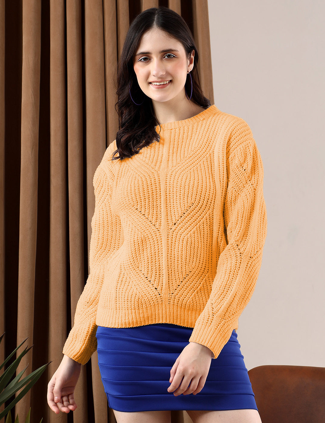KOTTY Solid Round Neck Casual Women Orange Sweater 