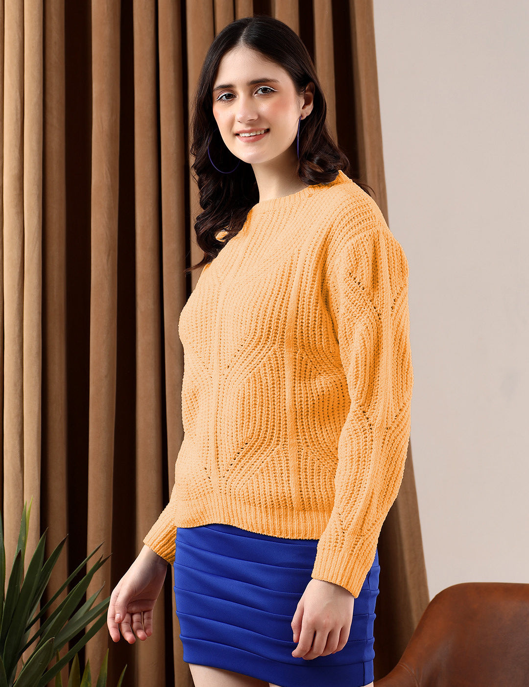 KOTTY Solid Round Neck Casual Women Orange Sweater 