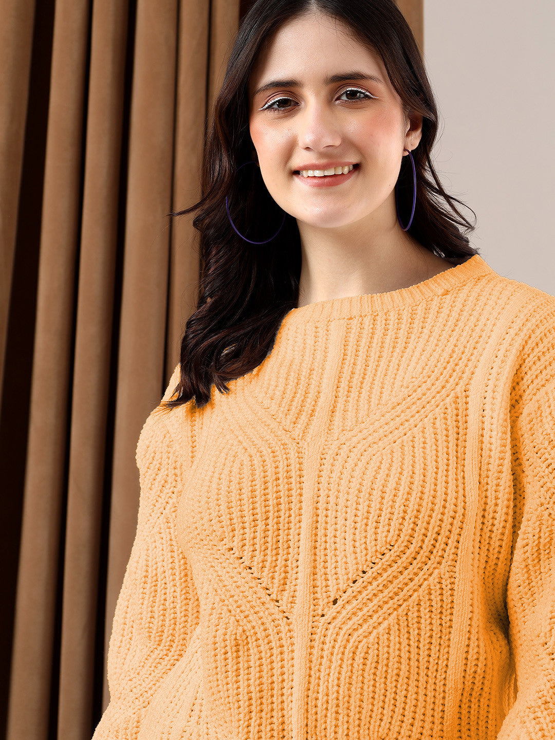 KOTTY Solid Round Neck Casual Women Orange Sweater 