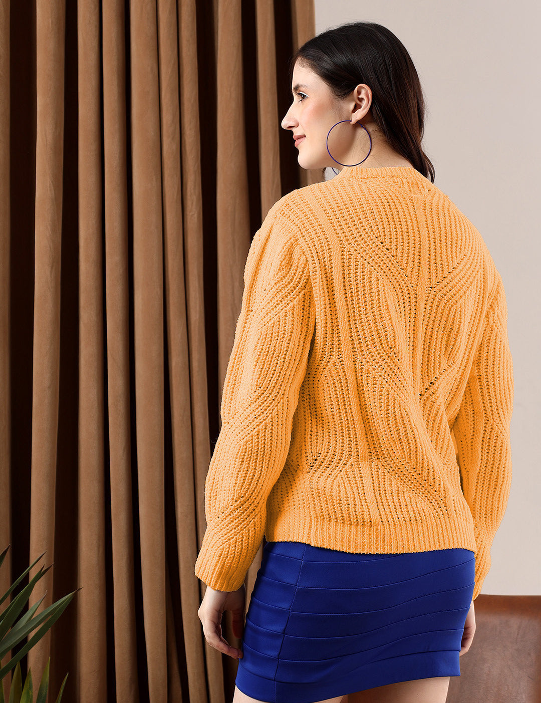 KOTTY Solid Round Neck Casual Women Orange Sweater 