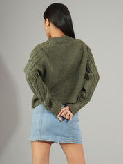 KOTTY Solid Round Neck Casual Women Green Sweater 