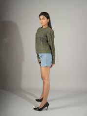 KOTTY Solid Round Neck Casual Women Green Sweater 