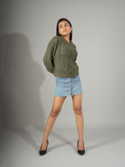 KOTTY Solid Round Neck Casual Women Green Sweater 