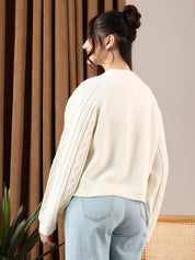 KOTTY Solid Round Neck Casual Women White Sweater 