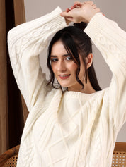 KOTTY Solid Round Neck Casual Women White Sweater 