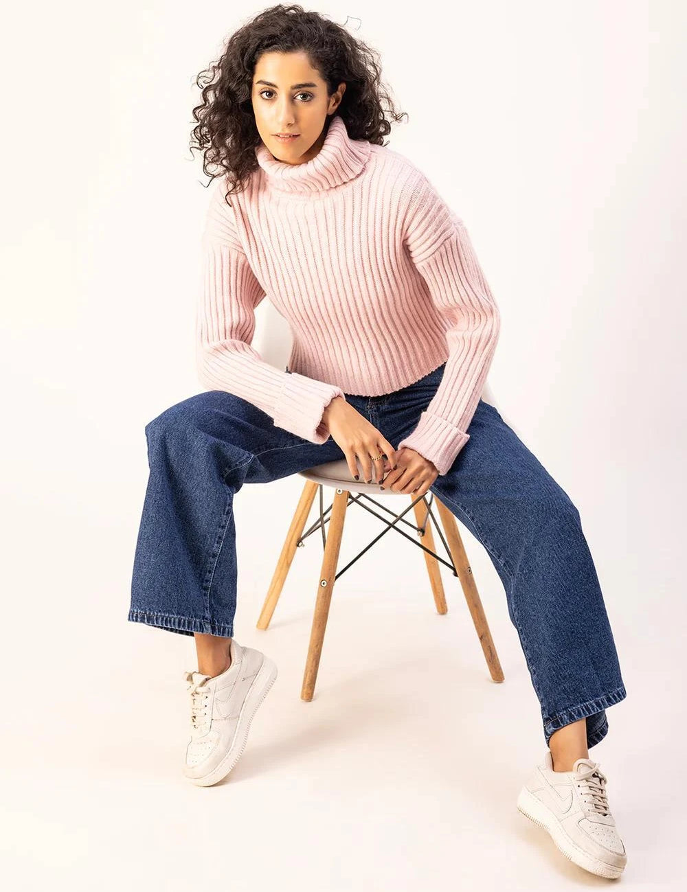 KOTTY Striped High Neck Casual Women Pink Sweater 
