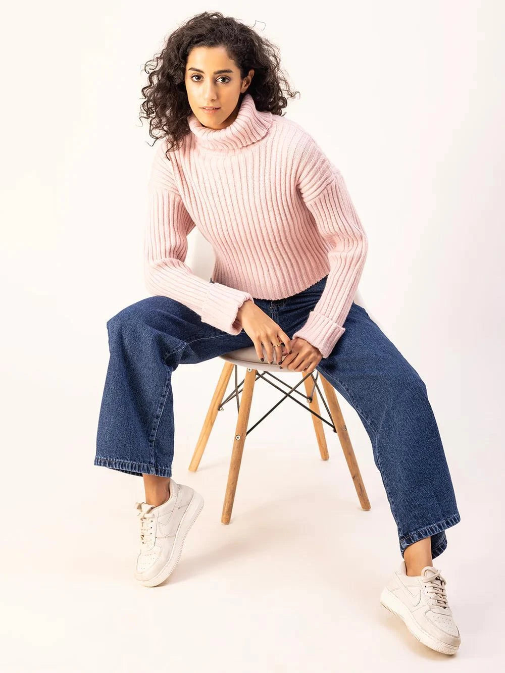KOTTY Striped High Neck Casual Women Pink Sweater 