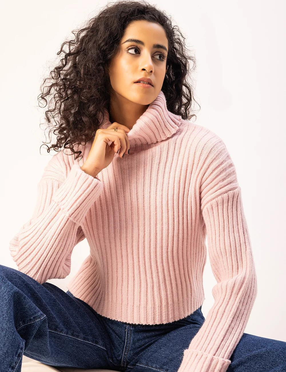 KOTTY Striped High Neck Casual Women Pink Sweater 
