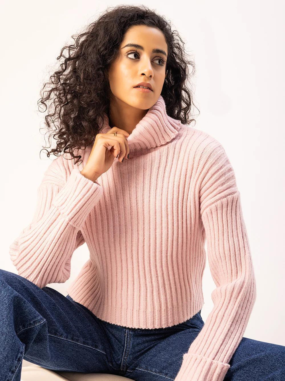 KOTTY Striped High Neck Casual Women Pink Sweater 