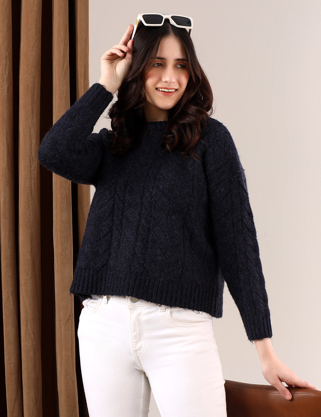 KOTTY Solid Round Neck Casual Women Blue Sweater 