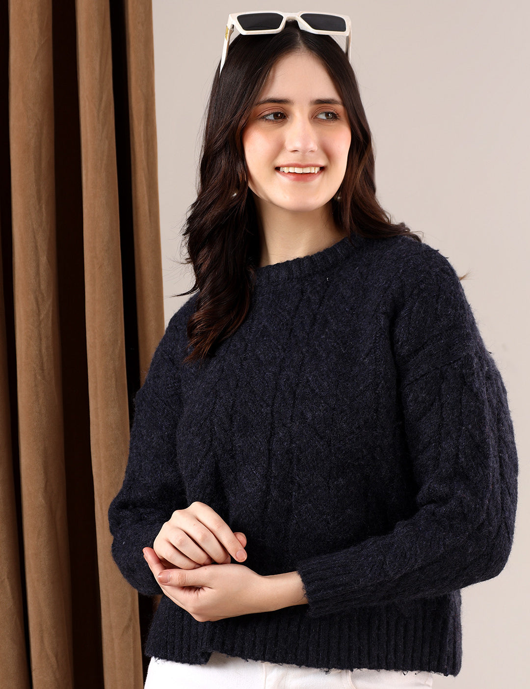 KOTTY Solid Round Neck Casual Women Blue Sweater 
