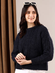 KOTTY Solid Round Neck Casual Women Blue Sweater 