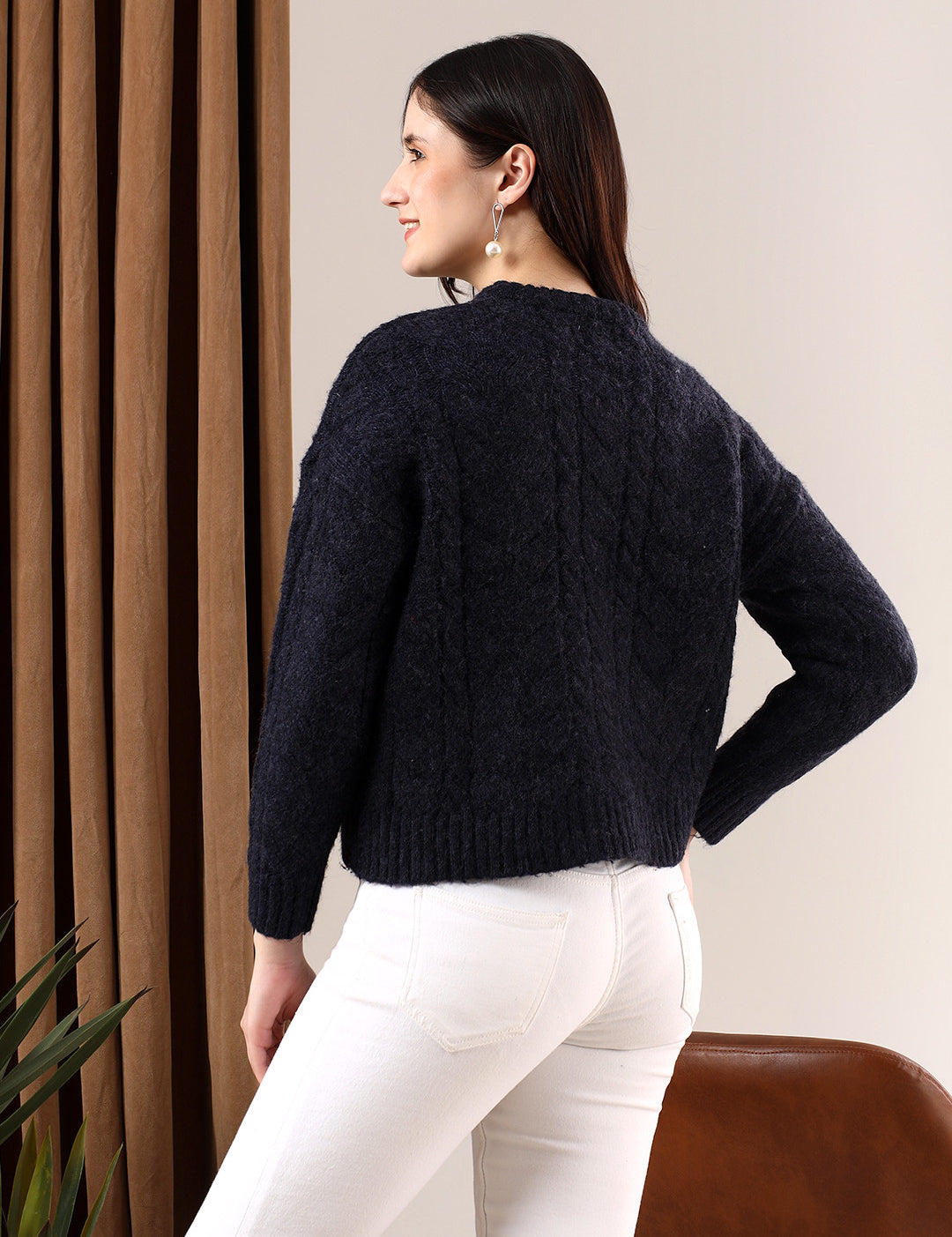KOTTY Solid Round Neck Casual Women Blue Sweater 