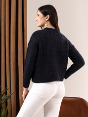 KOTTY Solid Round Neck Casual Women Blue Sweater 