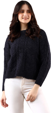 KOTTY Solid Round Neck Casual Women Blue Sweater 