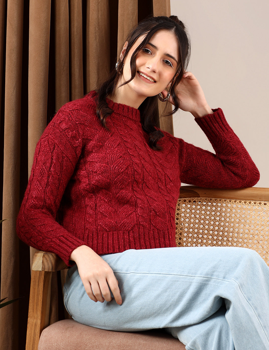 KOTTY Self Design High Neck Casual Women Red Sweater 