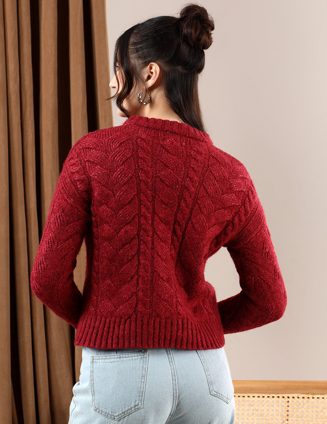 KOTTY Self Design High Neck Casual Women Red Sweater 