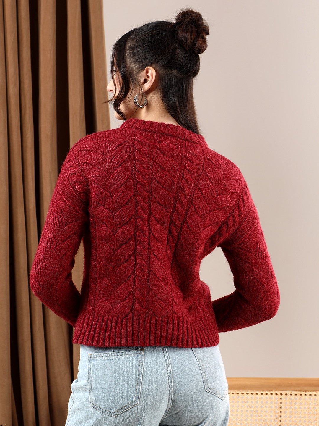 KOTTY Self Design High Neck Casual Women Red Sweater 