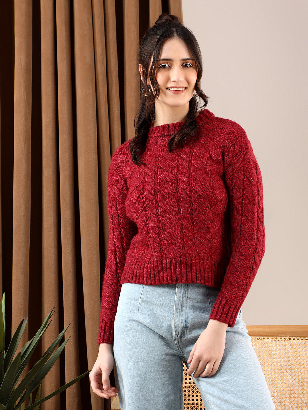 KOTTY Self Design High Neck Casual Women Red Sweater 