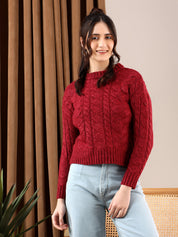 KOTTY Self Design High Neck Casual Women Red Sweater 
